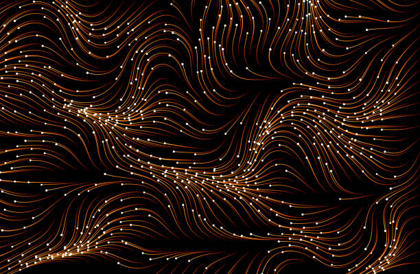 ilustraciones, imágenes clip art, dibujos animados e iconos de stock de partículas rojas que fluyen sobre fondo negro. - cyberspace abstract backgrounds photon