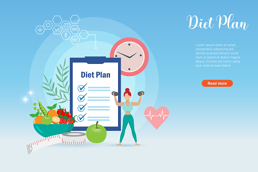 Diet plan check list and weight control. Active woman exercising on dumbbell with healthy foods. Balancing appropriated nutrition and exercising for healthy body.