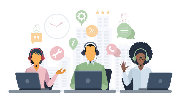 obsługa klienta. call center. operatorzy infolinii ze słuchawkami na ekranie laptopa. - customer service representative service african descent receptionist stock illustrations