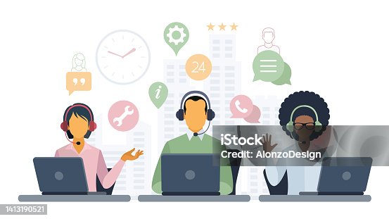 istock Customer service. Call center. Hotline operators with headphones on laptop screen. 1413190521