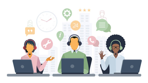 Customer service. Call center. Hotline operators with headphones on laptop screen. Technical Support Template Concept Flat Design Icon. Hotline. Online Chat. hands free device illustrations stock illustrations