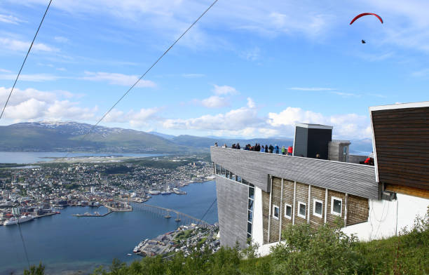 Panoramic view of Tromso city from Mt. Storsteinen in summer, northen Norway. A famous view from the top of fjellheisen cable car station, Tromso. finnmark stock pictures, royalty-free photos & images