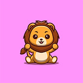istock Lion Sitting Excited Cute Creative Kawaii Cartoon Mascot Logo 1413191278