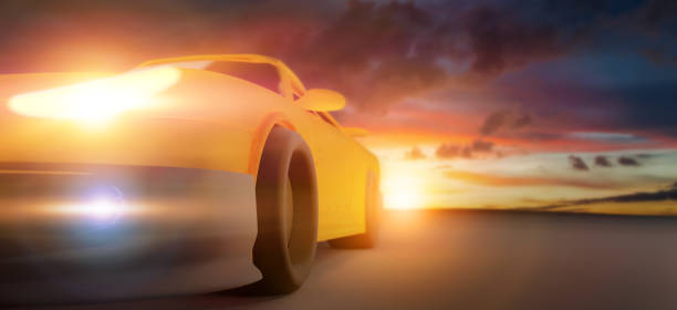 Lighting car in front on sunrise background