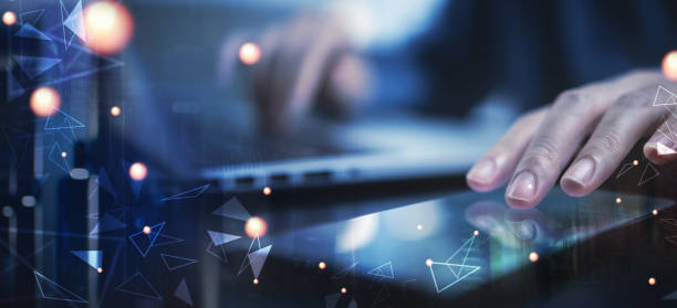istock Data exchanges, business technology and digital marketing, futuristic technology background, internet network, data linked concept. 1413194988