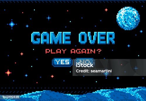istock Pixel game over screen, space planet starry galaxy 1413195930