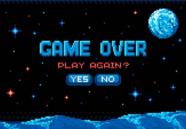 Pixel game over screen, space planet starry galaxy Pixel game over screen, space planet surface in starry galaxy, vector video arcade poster. B bit retro pixel game over background screen with play again choice buttons, computer video game 8bit art space invaders game stock illustrations