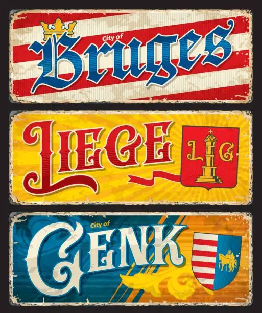 Vector illustration of Liege, Bruges, Genk, Belgian city travel stickers
