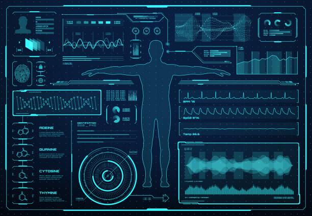 hud-schnittstelle, diagramme der zukünftigen medizin im gesundheitswesen - fürsorglichkeit grafiken stock-grafiken, -clipart, -cartoons und -symbole