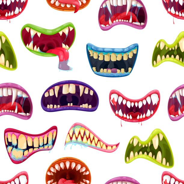 Monster mouths with teeth cartoon seamless pattern Scary monster mouths and jaws with teeth and tongues cartoon seamless pattern. Halloween monster smiles vector background of horror vampire, angry beast and creepy zombie open mouths, blood and saliva bad teeth stock illustrations