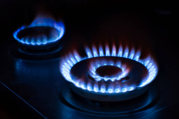 istock Natural gas burning on the stove. Blue flame. Two burners. 1413198765