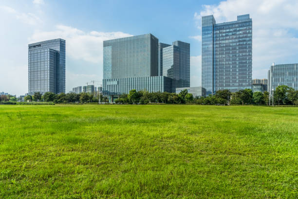 istock beautiful green meadow near modern office building 1413199714