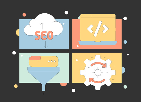 Quad icon pack of Search Engine Optimization and Development line set