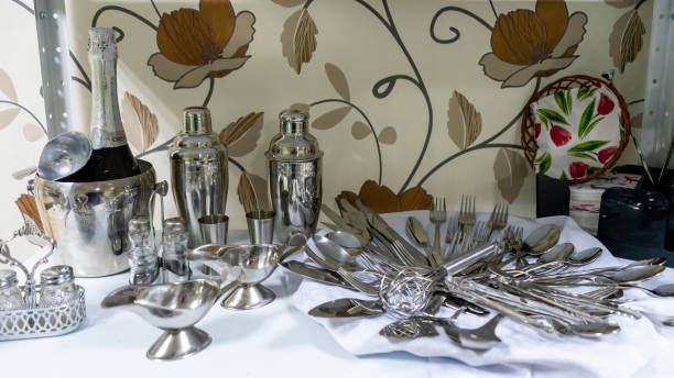 A set of various cutlery and objects. A variety of shiny metal cutlery stock photo