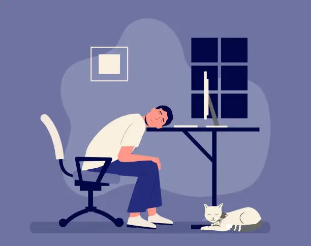 Vector illustration of Man work late at night. Sleepy person at table working overtime. Tired male character having freelance work at home