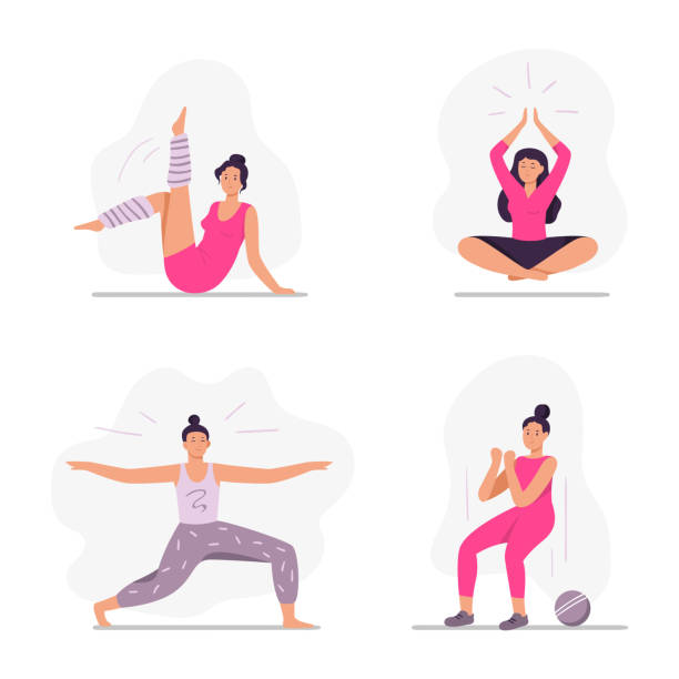 Sport people. Women in sportswear doing yoga exercises, practicing meditation in lotus position. Female character stretching Sport people. Women in sportswear doing yoga exercises, practicing meditation in lotus position. Female character stretching, doing squats in gym or at home. Sporty girls vector set aerobics stock illustrations