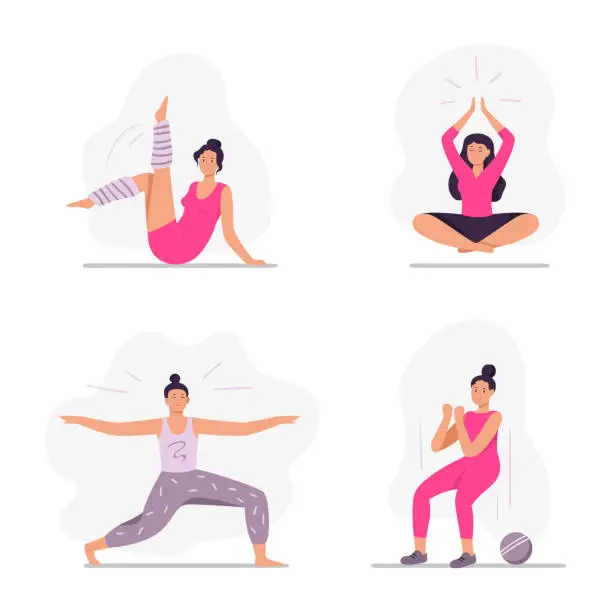 Vector illustration of Sport people. Women in sportswear doing yoga exercises, practicing meditation in lotus position. Female character stretching