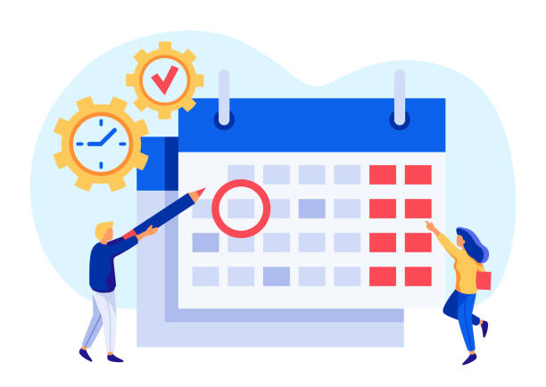 ilustraciones, imágenes clip art, dibujos animados e iconos de stock de gestión del tiempo de trabajo. gente diminuta mirando el calendario, comprobando la fecha importante. hombre dando vueltas alrededor del evento o cita - deadline urgency calendar women