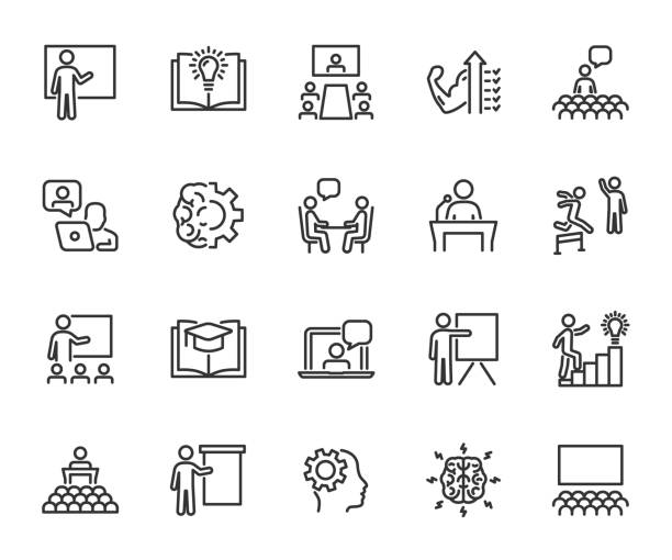 stockillustraties, clipart, cartoons en iconen met vector set of training line icons. contains icons coaching, teaching, knowledge, presenter, audience, online training, skills and more. pixel perfect. - universitair docent
