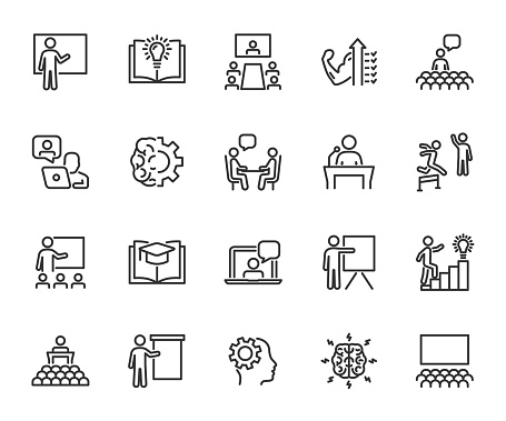 Vector set of training line icons. Contains icons coaching, teaching, knowledge, presenter, audience, online training, skills and more. Pixel perfect.