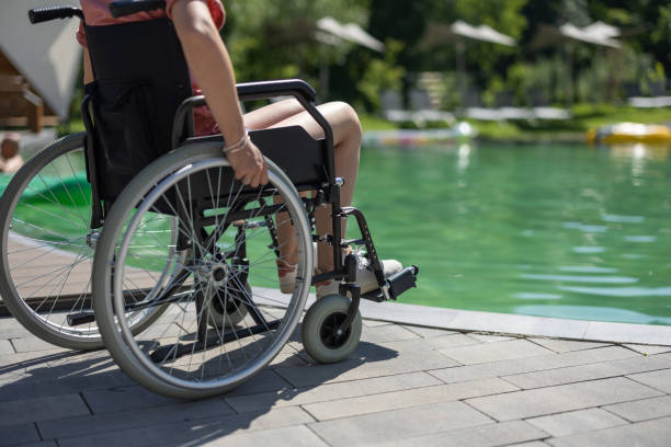istock Disabled female by a swimming pool 1413205224