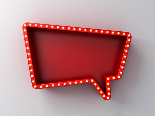 istock Speech bubble notification red sign pin box with retro yellow shining neon light bulbs isolated on dark white wall background with shadow creative idea concepts 3D rendering 1413205459