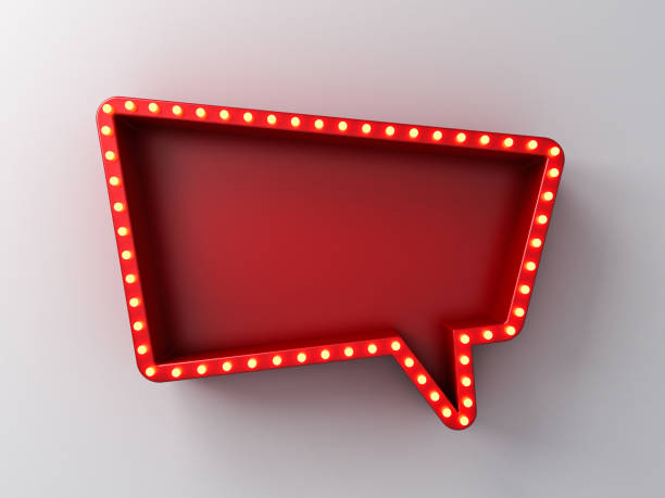 Speech bubble notification red sign pin box with retro yellow shining neon light bulbs isolated on dark white wall background with shadow creative idea concepts 3D rendering stock photo