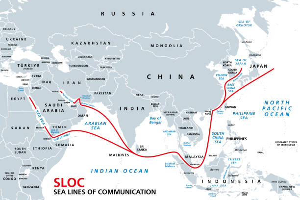 ilustrações, clipart, desenhos animados e ícones de principais slocs de energia do indo-pacífico, linhas marítimas de comunicação, mapa - suez