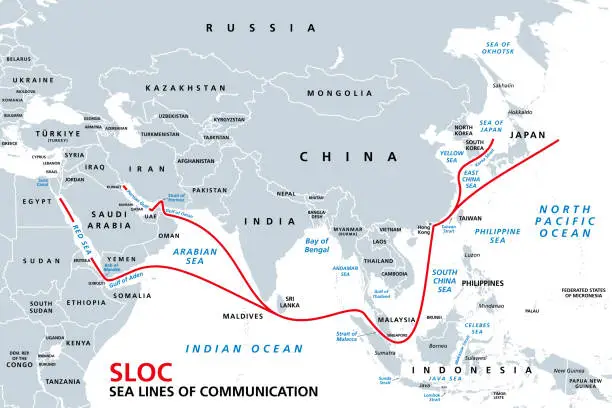 Vector illustration of Indo-Pacific major energy SLOCs, Sea Lines Of Communication, map