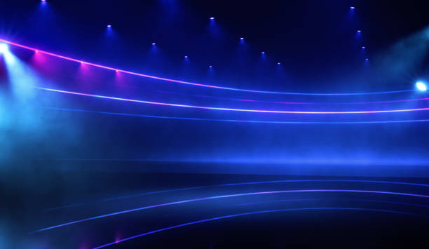 istock Abstract neon blue lines on black foggy background with reflective surface in scene. Science and technology product digital mock up 1413205666