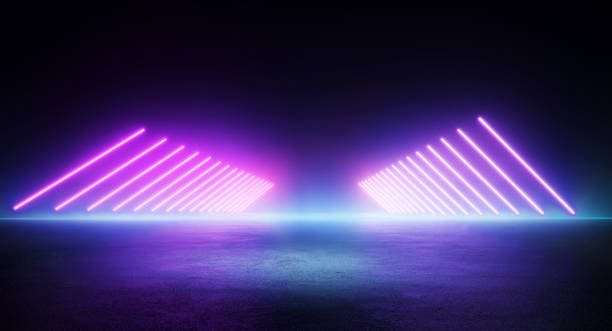 istock Neon light room with light beams to black background 1413205868