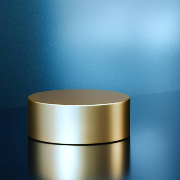 istock Golden colour round empty podium lit by spotlight. 3d computer graphic template of displaying place for your products. 1413206482