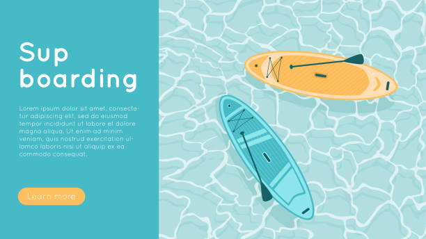 ilustraciones, imágenes clip art, dibujos animados e iconos de stock de tabla de sup en la superficie del agua. plantilla de banner para deporte de paddle boarding. tablas de surf colocadas en el océano o el mar. - transportation nautical vessel floating on water sea