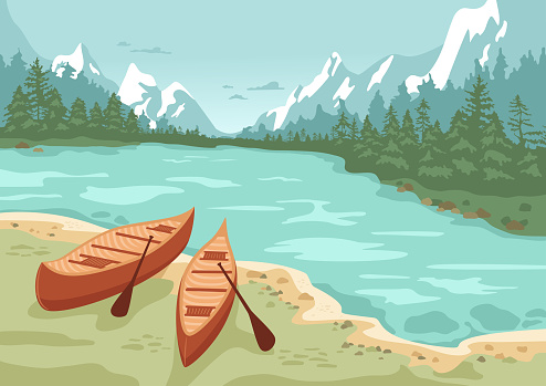 Landscape with boat, water, pine trees silhouette, blue hills. Vector cartoon illustration. Beautiful scenery.