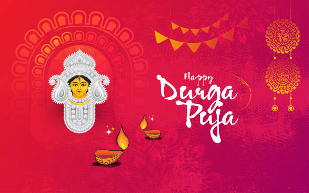 Happy Durga Puja Festival Greeting Background Template Indian Hindu Religion Durga Puja Festival Greeting Background Template Design with Hindu Goddess Durga Face Illustration dussehra stock illustrations