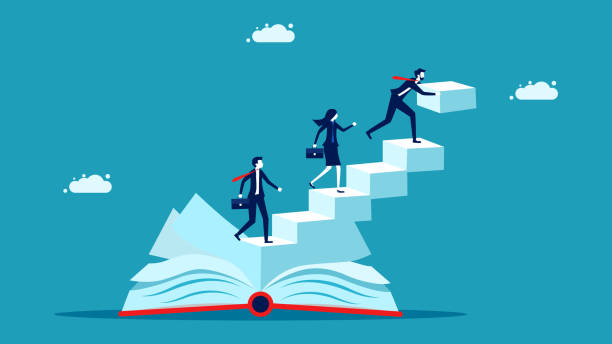 Organizational development book. businessman builds a book ladder. vector Organizational development book. businessman builds a book ladder. vector eps post secondary education stock illustrations