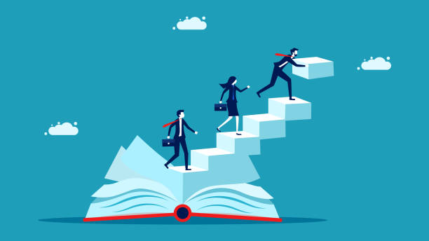 Organizational development book. businessman builds a book ladder. vector Organizational development book. businessman builds a book ladder. vector eps post secondary education stock illustrations