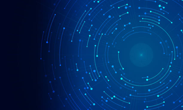 stockillustraties, clipart, cartoons en iconen met blue lines with two dots each in a circle as a background with copyspace or geometric line art. big data or cyberspace concept. - de puntjes verbinden