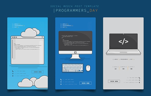 Social media post template with cartoon of computer and laptop design for programmers day