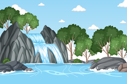 Waterfall in the forest background illustration