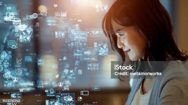 Asian Woman Watching Hologram Screens Business And Technology Concept Smart Office Gui Stock Photo - Download Image Now
