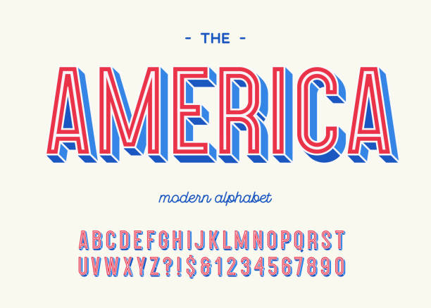 America modern alphabet 3d typography colorful style America modern alphabet 3d typography colorful style for decoration, party poster, t shirt, logo, promotion, book, card, sale banner, printing on fabric. Cool font. Trendy typeface. Vector 10 eps patriotism stock illustrations
