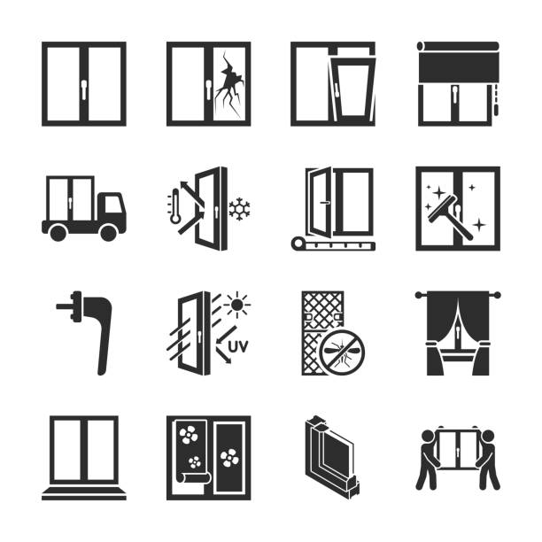 ustawiono ikony systemu windows. dozowanie i montaż okien plastikowych, rodzajów powierzchni i wyposażenia dodatkowego. monochromatyczna czarno-biała ikona. - symbol computer icon icon set monochrome stock illustrations