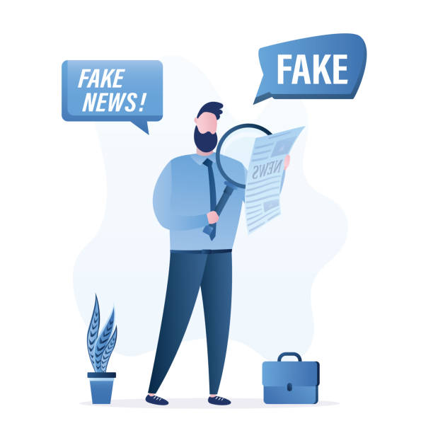 ilustrações de stock, clip art, desenhos animados e ícones de businessman use magnifying glass and read newspaper . fake news. social media with propaganda or hoax. man not believing the false press. male character in trendy style. - newspaper the media article backgrounds