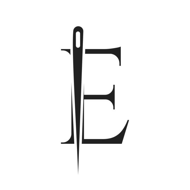 anfangsbuchstabe e tailor logo, nadel- und fadenkombination für stickerei, textil, mode, stoff, stoffvorlage - embroider stock-grafiken, -clipart, -cartoons und -symbole