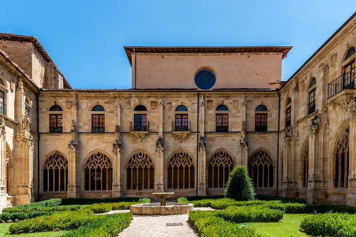 Ona, Spain - 5 August, 2020: Benedictine monastery of San Salvador de Oña in Burgos. Gothic cloister