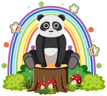 Cute panda on stump in flat cartoon style illustration