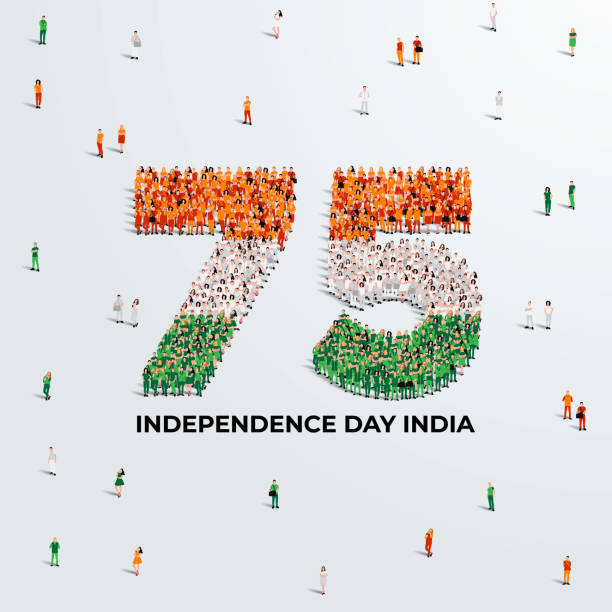 15. august happy independence day design. eine große gruppe von menschen bildet sich, um die zahl 75 zu schaffen, während indien am 15. august seinen 75. nationalfeiertag feiert. - indian flag india flag independence stock-grafiken, -clipart, -cartoons und -symbole