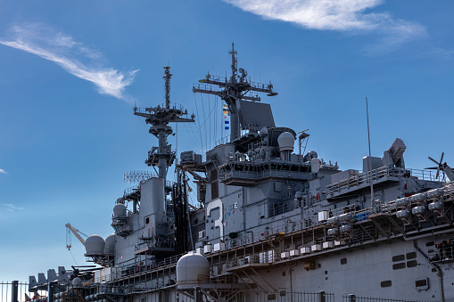 Cape Canaveral, Florida, USA - September 26, 2020: The United States Navy Destroyer USS Delbert D. Black underway in blue ocean water. The ship was in port for a commissioning ceremony that took place earlier in the day.