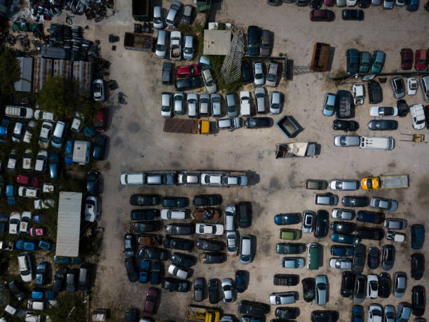 istock Junkyard car from above drove view 1413216902